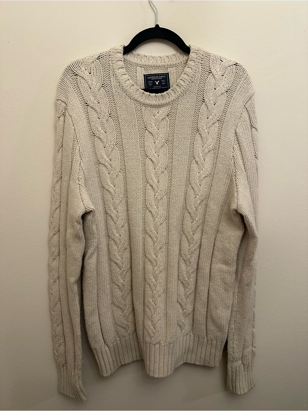 American Eagle L Cream Cable Knit Fisherman Sweater Wool Blend Preppy Cozy